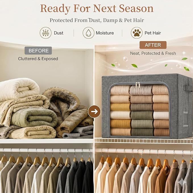 GoMaihe 3 Opening Clothes Storage Bins with Metal Frame, 66L Blanket Storage Organizer for Walk-in Closet Large Storage Boxes with Clear Window for Bedding Winter Clothing 3-Pack Grey