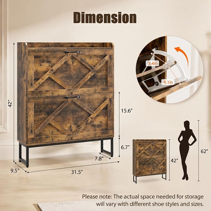 Nicetree Shoe Cabinet Storage for Entryway, Slim Shoe Storage Cabinet with 2 Flip Drawers, Narrow Vertical Shoe Rack Cabinet with Metal Hooks, Small Space Solution for Hallway, Rustic Brown