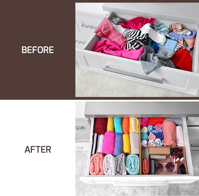 6 Pack Bamboo Drawer Dividers - 4 Inch High, Adjustable 11.5 to 17 Inch Expandable Kitchen Drawer Organizer, Spring Loaded Dresser Separator for Utensils, Clothes, Bedroom, Bathroom, Nursery, Office