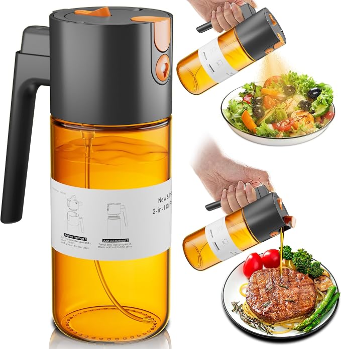 LAKUMIQI 2 in 1 Oil Sprayer & Dispenser, 17 oz Light-Blocking Glass Bottle | Large Capacity, Wide-Mouth for Easy Pouring and Cleaning, Leak-Proof Oil Bottle with Stickers for Salads, Air Fryers, BBQ