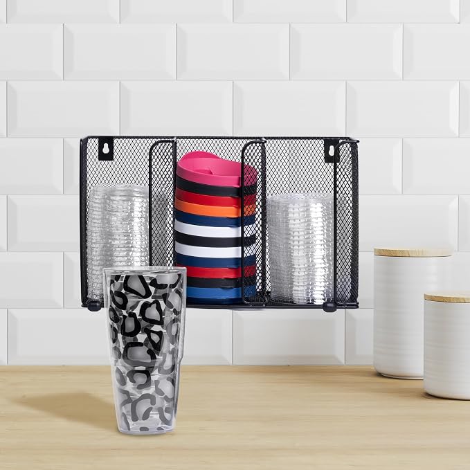 IneVibe 3 Compartment Lid Organizer Holder for Plastic Lids and Cups | Gridded Mesh Metal Rack Stand for Disposable Lids Storage in Kitchen, Cabinet, Drawers - Countertop or Wall Mount