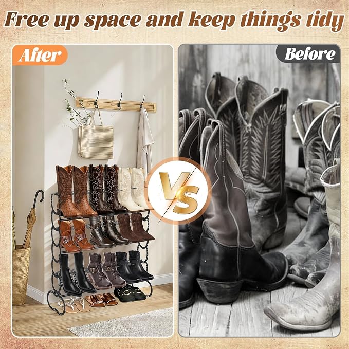 Cowboy Boot Rack 9 Pairs Horseshoe Boot Rack Cowboy Boots Storage Organizer Rustic Horseshoe Gifts Farmhouse Decor for Western Style Lovers Entryway Accessories (Three Level)