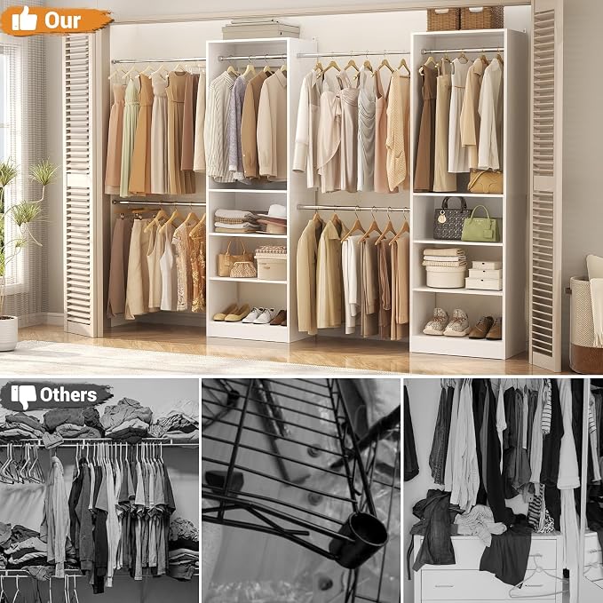 Homieasy Closet System, 4.5-11.5 Ft Expandable Closet Organizer with 5 Hanging Rods, Walk-in Wood Closet Organizer System with Storage Tower, Heavy Duty Garment Rack Wardrobe for Bedroom, White