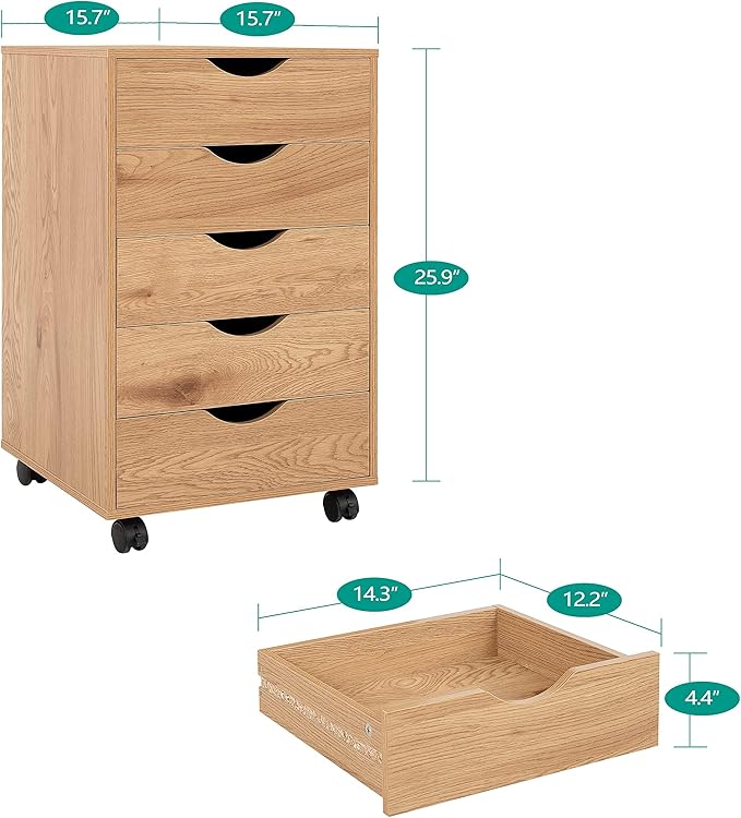 Naomi Home 5 Drawer Office Storage File Cabinet, Under Desk Cabinets for Organization Filing Cabinet with Wheels, Printer Stand Storage, 180 lbs Capacity - Natural (11398AM)