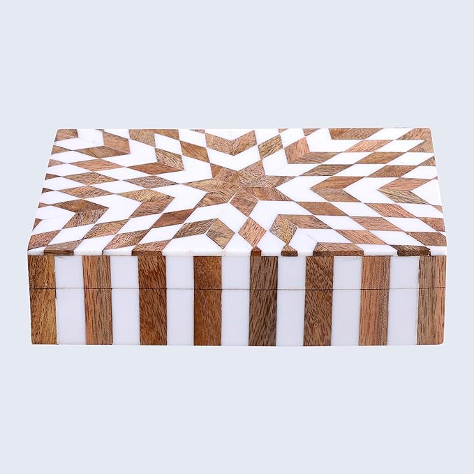 Handicrafts Home Handmade Decorative Storage Box with Lid, Wood & Resin Inlay Geometric Star Design, Coffee Table Storage Box, Remote Control Holder, Keepsake, Wooden Organizer for Home Decor- 8x5x2