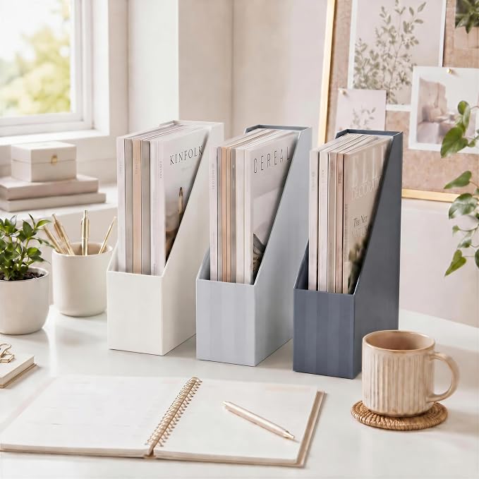 Beautiful Magazine Holder Set of 3 - Sturdy File Holder to Organize Your Desk or Shelves - The Perfect Office & Work Storage to Effortlessly Arrange Your Paperwork, Files, Magazines, Books or Binders