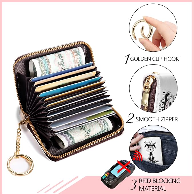 Blusabaca RFID Credit Card Holder Small Women Travel Wallet, Funny Dog | Removable Keychain, Case with Zipper, Vegan PU Leather, Cash Coin Pocket, Business Accordion Purse, Ladies Female Gift