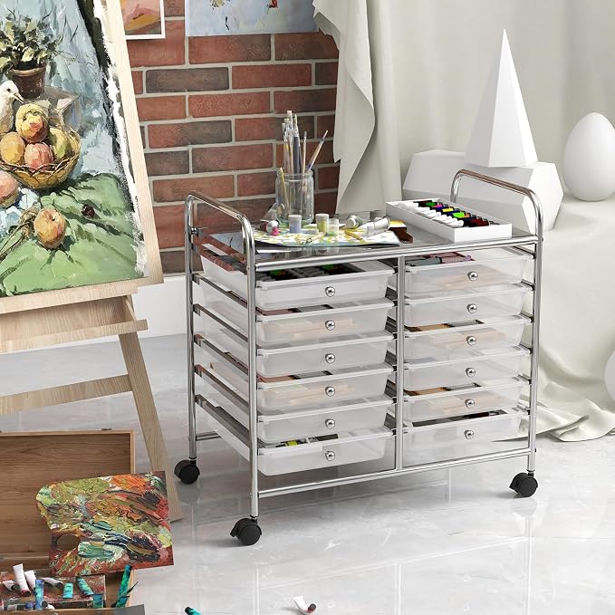 LDAILY 12 Drawer Rolling Storage Cart, Craft Cart Organizer on Wheels w/Metal Frame, Large Capacity & Smooth Drawer, Rolling Cart w/Drawers for Classroom, Office