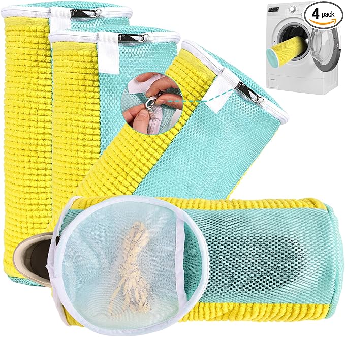 Shoe Washing Machine Bag Reusable Sneaker Washing Bag with Built-in Fluffy Brushes for 360° All-Around Cleaning. Laundry Shoe Bag is Designed for Washer and Dryer （Yellow 4pcs Pro）