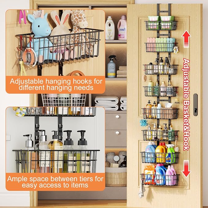 Hongtamoya 8 Tier Over The Door Organizer, Adjustable Hanging Door Organizer with 8 Wire Baskets 6 Hooks, Behind The Door Storage for Pantry Closet Bedroom Bathroom Cabinet Kitchen Laundry Room, Black