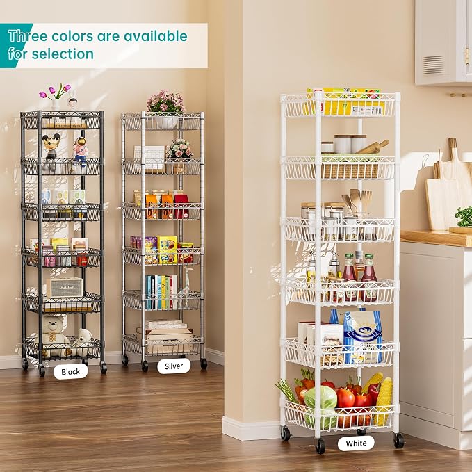 SINGAYE 6 Tier Shelf Wire Shelving Adjustable Storage Shelves Basket Rack | Adjustable Shelves with Wheels Metal Storage Unit Closet Bathroom Organizers Pantry Kitchen Garage Laundry Room White