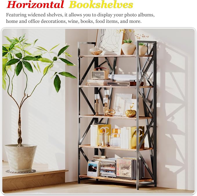 UDD No Assembly Wide Folding Bookshelf, 64.3" H x 30.9" W, 5 Tier Foldable Book Shelf Industrial Bookcase, Vintage Collapsible Storage Shelves for Home Office Living Room Bedroom, Rustic Brown Black