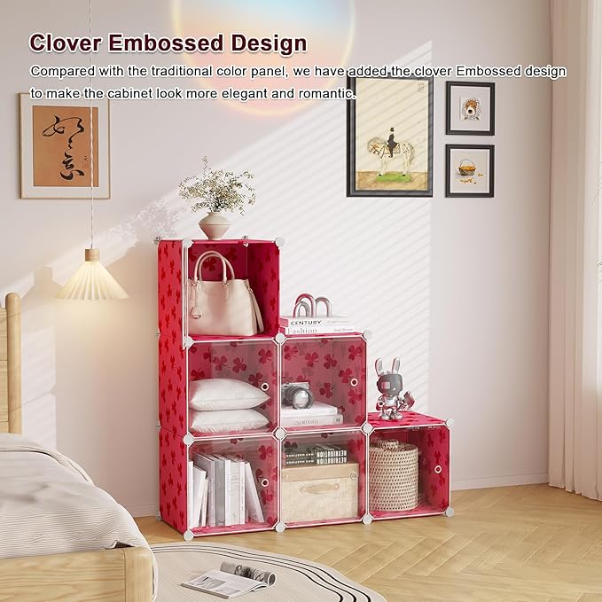 C&AHOME Cube Storage Organizer with Doors, 6-Cube Shelves, DIY Plastic Modular Bookshelf, Closet Clothes Storage Shelving Ideal for Bedroom, Living Room, Clover Embossed, Red