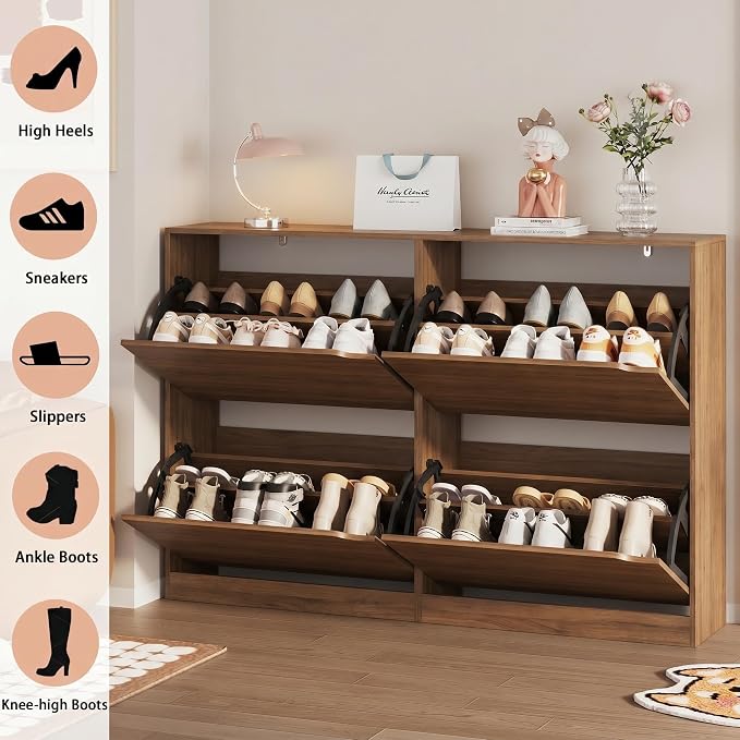 Shoe Storage Cabinet, Wood Shoe Organizer for Entryway with 3 Flip Drawers, Freestanding Shoe Rack with Adjustable Shelf, Narrow Shoe Dresser for Front Door Entrance (Walnut, Standard 4 Drawers)