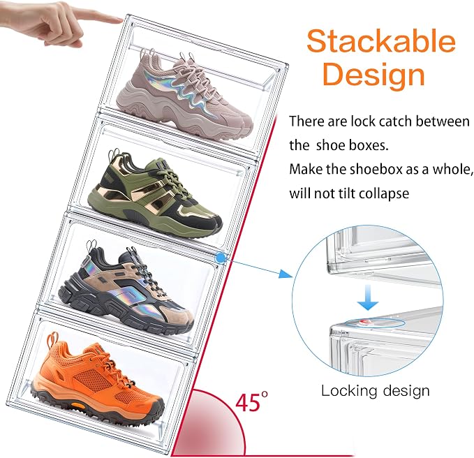 12 Pack Acrylic Shoe Boxes Clear Stackable Plastic Sneaker Display Case with Magnetic Lids, Drop Side Shoe Organizer for Entryway & Sneaker, Fits Men’s US Size 12.5