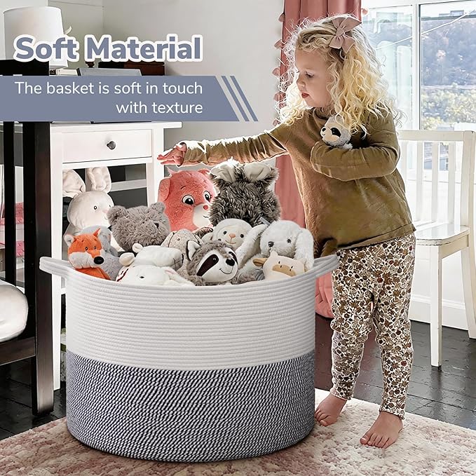 INDRESSME 115L Extra Large Cotton Rope Basket, Blanket Basket for Home Decor Living Room Nursery, Toy Storage Baskets for Kids Boys Girls, White & Navy