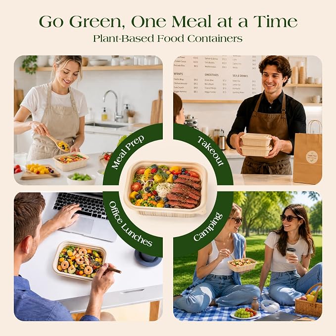 50 Pack (100 Piece) Food Containers with Lids, 22oz Meal Prep Containers Reusable Plant-based Cornstarch Lunch Box BPA Free Small Disposable Take Out Togo Boxes for Salad Microwave & Freezer Safe