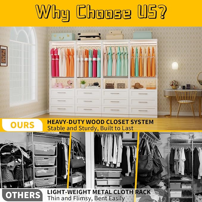 Closet System with 9 Drawers, 6-15FT Closet Systems for Walk in Closets with 6 Expandable Rods & 3 Shelves, Wood Custom Modular Closet Organizer Storage System Shelving Kit, 3 Sets, White