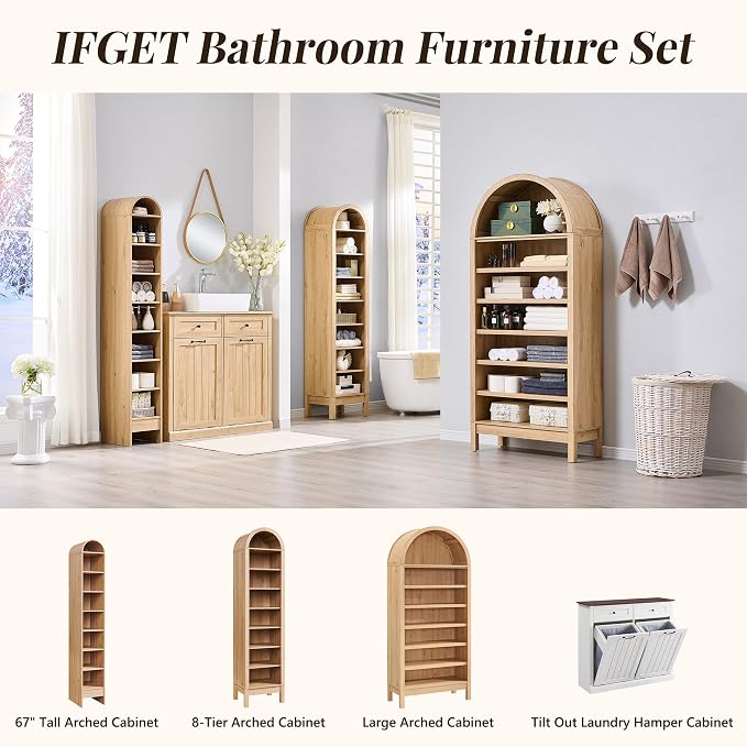 IFGET 67" Tall Arched Shoe Storage Cabinet, 8 Tiers 8 Pairs Wooden Shoe Rack with 3 Adjustable Shelves, Freestanding Shoe Closet Shelf Organizer for Entryway, Hallway, Living Room (Natural)