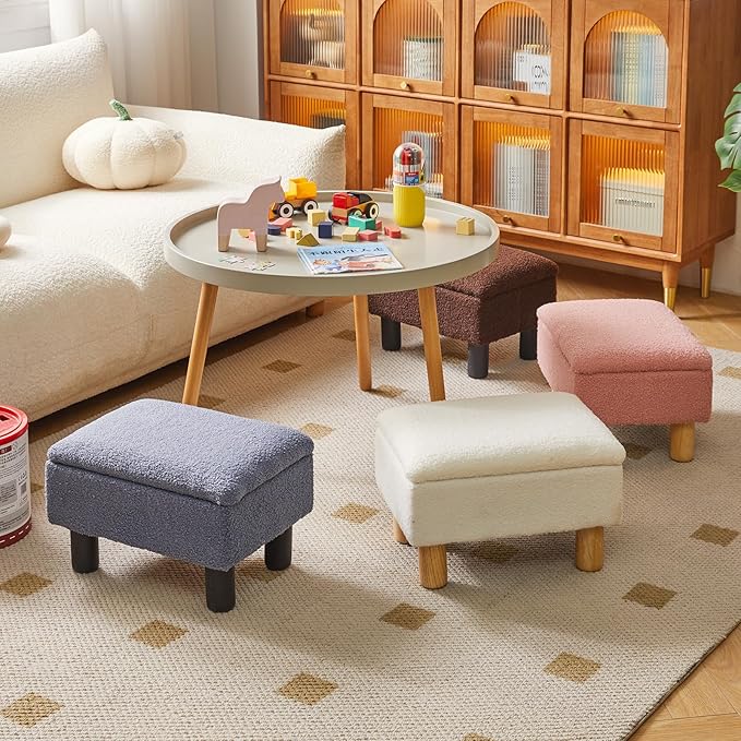 Aibiju Ottoman with Storage - Small Foot Rest for Couch 16x12x9.5inch, Safety Hinge Flip Top Stool Load up to 330lb for Living Room Dorm - Teddy White YD-JD136W