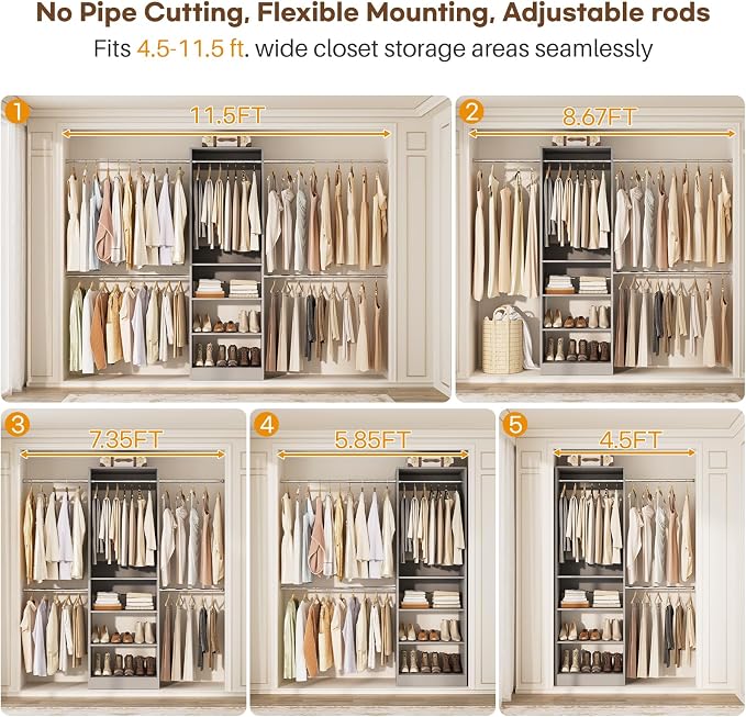 Homieasy Closet System, 4.5-11.5 Ft Expandable Closet Organizer with 5 Hanging Rods, Walk-in Wood Closet Organizer System with Storage Tower, Heavy Duty Garment Rack Wardrobe for Bedroom, Gray