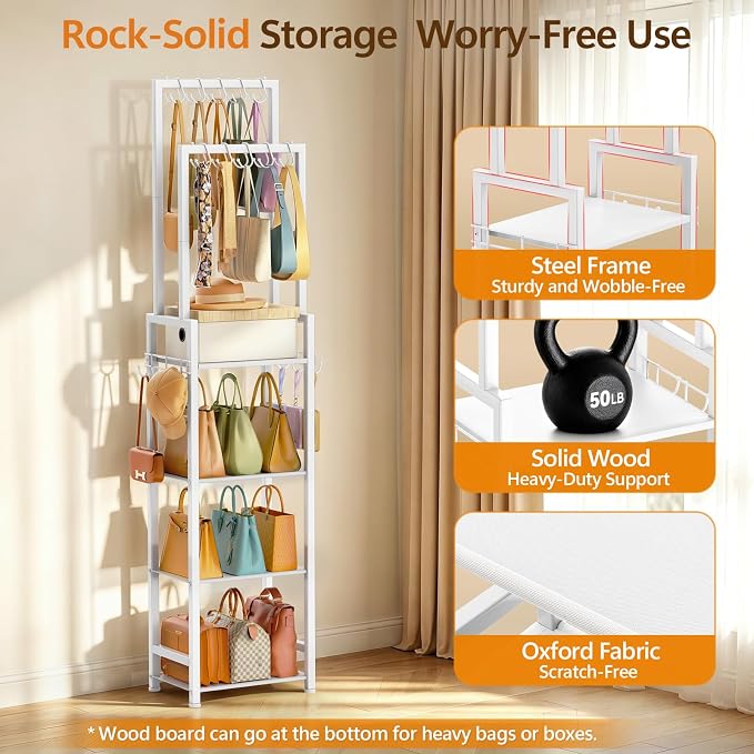 Tall Purse Organizer for Closet: 4-Tier Double Rods Purse Rack Stand,White | With 10 Purse Hanger & 6 Side Hooks, Visible Backpack Handbag Storage, Space-Saving Narrow Purse Shelf for Small Space, Home