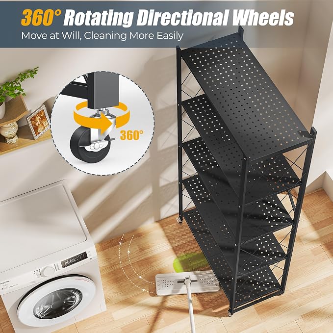 Fenbeli 5 Tier Storage Shelf with Wheels - Metal Collapsible Shelving Unit Display, Heavy Duty Folding Shelves, No Assembly Organizer Rack for Garage Kitchen, Basement, Pantry (Black, 5 Tier)