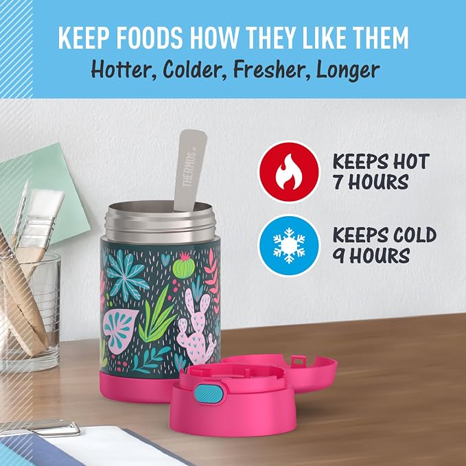 THERMOS FUNTAINER Insulated Food Jar – 16 Ounce, Tropical Foliage – Kid Friendly Food Jar with Foldable Spoon