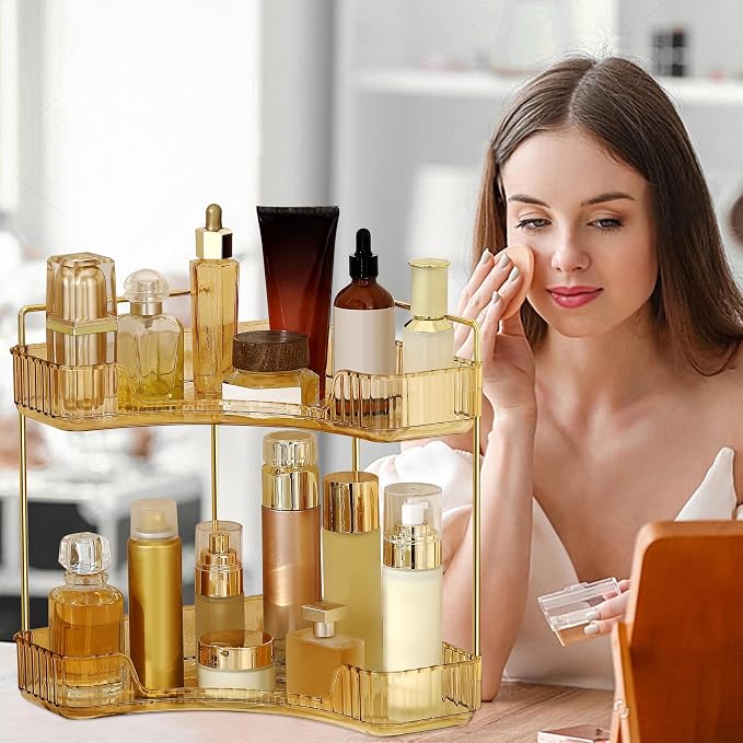 Corner Bathroom Counter Organizer Bathroom Countertop Shelf Makeup Organizer for Vanity Perfume Tray for Corner Storage (2 Tiers, Gold)