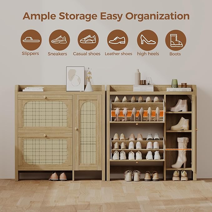 Mericonia Shoe Cabinet Storage for Entryway with 2 Flip Drawers(3-Tier), Rattan Freestanding with Door & 3 Adjustable Shelve,Hidden Shoe Rack Organizer for Hallway, Foyer