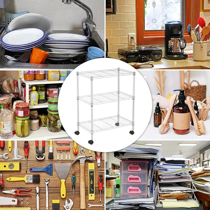 Wire Shelving 32" H x 23W x 13D Storage Shelf with Wheels Adjustable 3 Tier Metal Shelves Unit for Small Places Kitchen Storage Rack Shelf Organizer, 450Lbs Capacity, Chrome