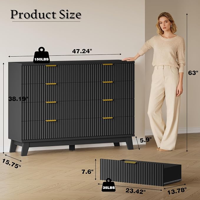 BORNOON Fluted 8 Drawer Tall Dresser, 47.2" Wide Modern Boho Chest of Drawers, Wooden Storage Dresser TV Stand for Bedroom, Living Room, Closet, Hallway, Curved Profile Design