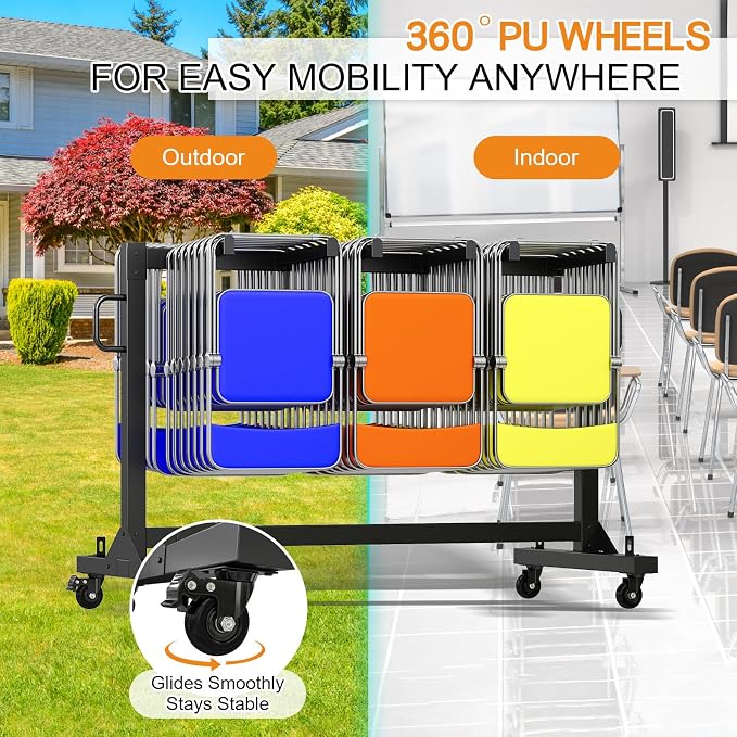 Specraft Folding Chair Rack, Holds 12 Tables or 42 Chairs with 30 PCS Chair Covers, 550 lbs Capacity, Heavy-Duty Cart with Wheels, Elastic Cords, Cover, Glossy Black