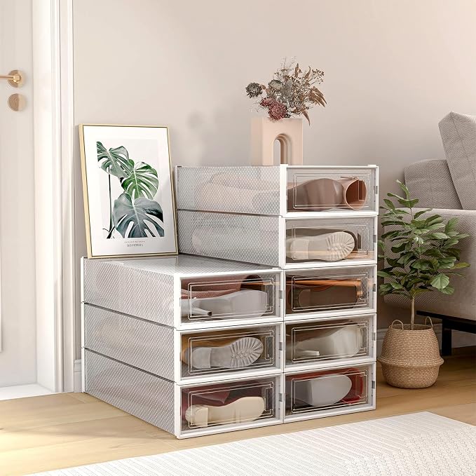 8-Piece Extra Large Boot and Shoe Storage Boxes, Stackable Clear Plastic Shoe Organizer, Space-Saving Shoe Boxes for Boots, Sneakers, and High Heels, Clear