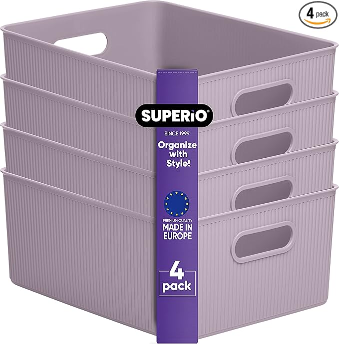 Superio Ribbed Collection - Decorative Plastic Basket Open Home Storage Bins Organizer, Large Lilac Purple (4 Pack) Container Boxes for Organizing Closet Storage Bins for Shelves 15 Liter/16 Quart