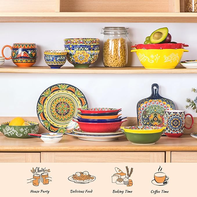 Henten Home Ceramic Soup Bowls Set，30 oz Ceramic Pasta Bowls Set of 6, Colorful Serving Bowl with Handle, for Salad, Cereal, Dinner, Bohemian Style, Microwave & Dishwasher Safe