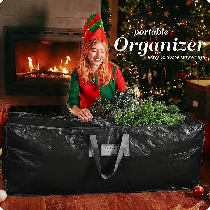 Christmas Tree Storage Bag - Stores 9 Foot Artificial Xmas Holiday Tree, Durable Waterproof Material, Zippered Bag, Carry Handles - Protects Against Dust, Insects and Moisture (Black)