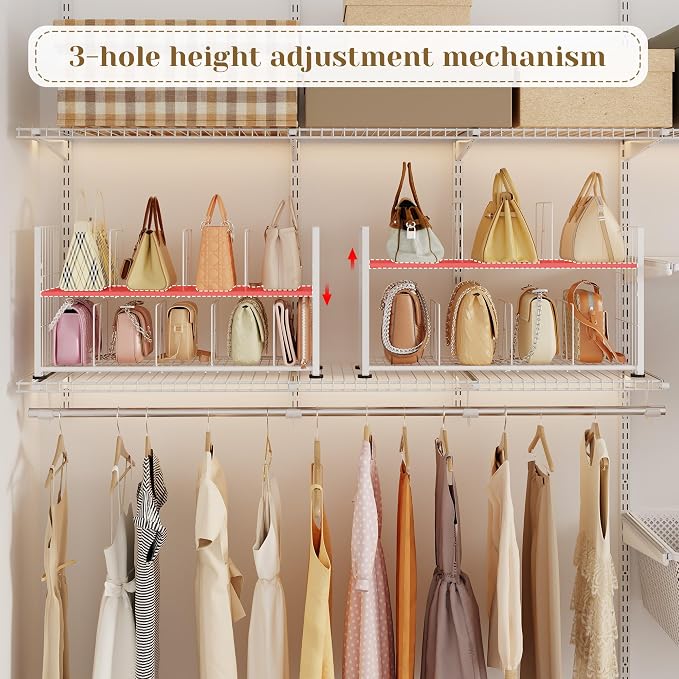 koozuuyk 2 Pack Purse Organizer for Closet, 2 Tier Handbag Wire Organizer Rack with 6 Adjustable Shelf Dividers Each,Handbag Storage Holder for Purses, Totes,Clutches&Chain Bags