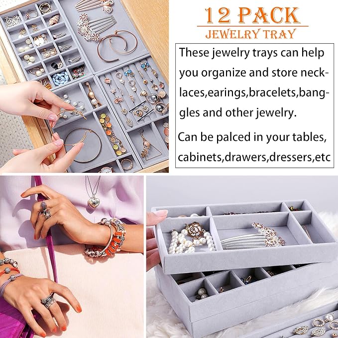 12 Set Jewelry Tray Velvet Jewelry Drawer Organizer Necklace Bracelet Display Tray for Earring, Ring, Brooch, Watch