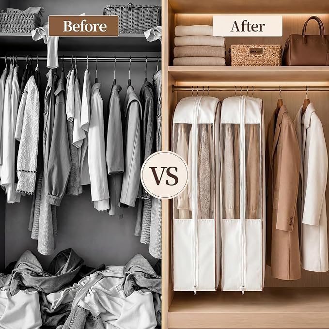 41" Cotton Garment Bags for Hanging Clothes, 2 Pack Breathable Suit Bags for Closet Storage, 10" Wide Gusseted & Clear Window, for Suits, Short Dresses, Sweaters, with Cedar Blocks