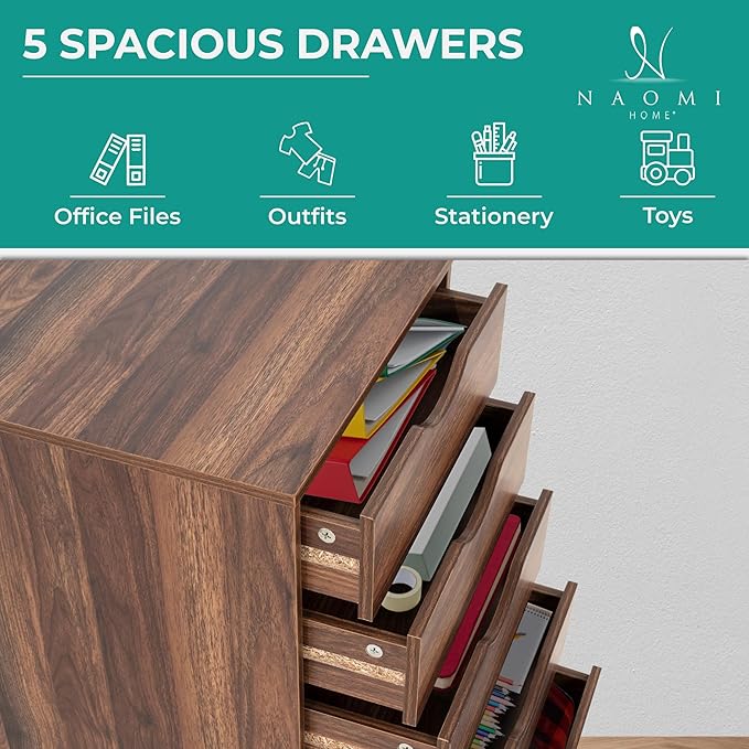 Naomi Home 5-Drawer Rolling Chest, Brown Oak, Smart Storage with Metal Slide Glides & Smooth Wheels, Compact Space-Saver, Easy Assembly, Durable Engineered Wood