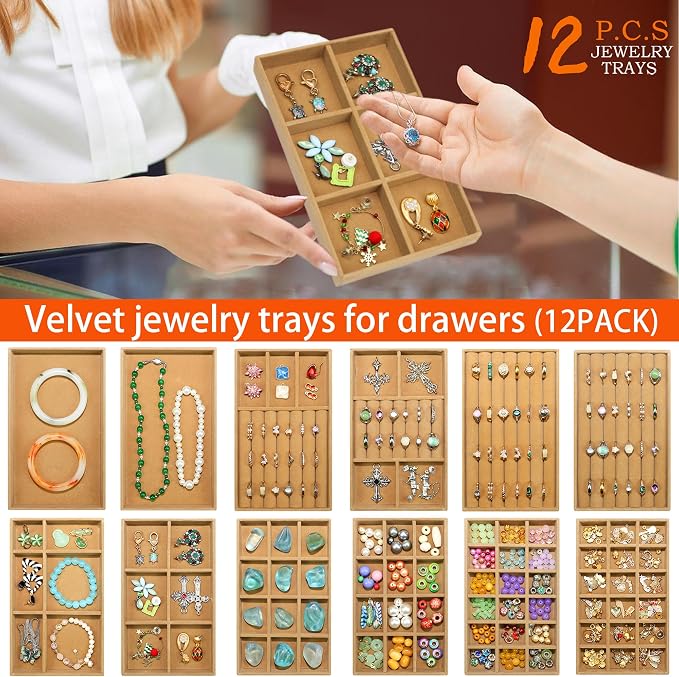 12 Set Jewelry Trays Organizer Stackable Jewelry Display Case Storage Box for Earring Necklace Rings Bracelet Watch, Brown