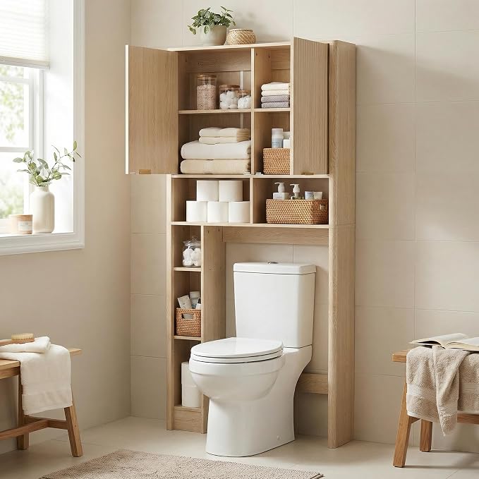 AKMAKM 31''W Over the Toilet Storage Cabinet with Fluted Door, Oak Bathroom Organizer with Adjustable Shelf, 67''H Tall Natural Toilet Paper Holder Stand Wave Door for Restroom, Laundry Room