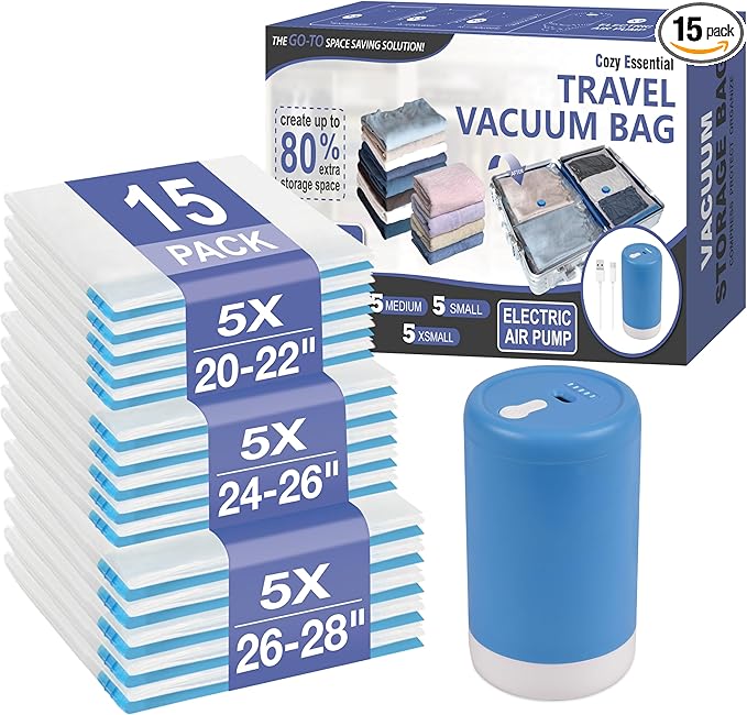 Cozy Essential Travel Vacuum Storage Bags with Rechargeable Cordless USB Pump, Space Saver Bags for Luggage, Suitcase, Carry-On, for Clothes, Blankets, Bedding & Seasonal Storage,15 Combo