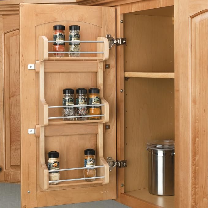 Rev-A-Shelf 15" 3 Tiered Pull Out Shelf Organizer for Kitchen Cabinets, Pantry Storage Spice Seasoning Rack, Door/Wall Mounted, Maple Wood, 4SR-15