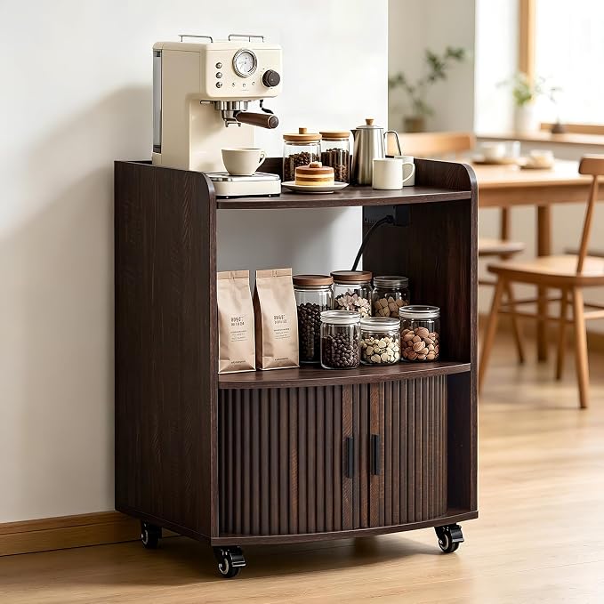 Bifins Coffee Bar Cart for Home, 3 Tier Rolling Serving Carts with Wheels | Coffee Cart with Removable Metal Brackets and Sliding Doors,Mobile Liquor Sideboard Cabinet for Home Bar, Kitchen