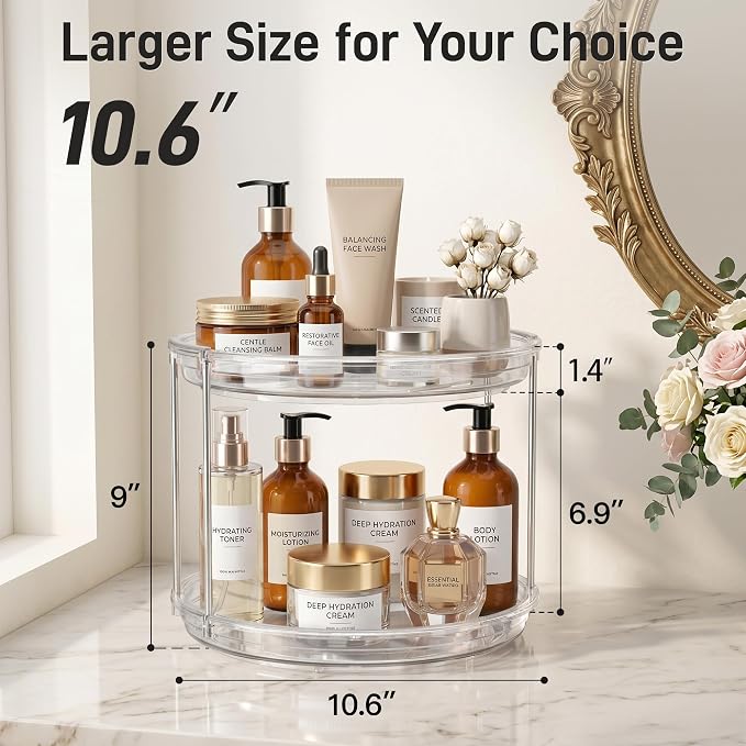 360° Rotating Makeup Organizer 2 Pack 2 Tier 10.6" Clear Lazy Susan Turntable Skincare Perfume Organizer Bathroom Countertop Vanity Tray Space-Saving Cosmetic Storage for Dresser