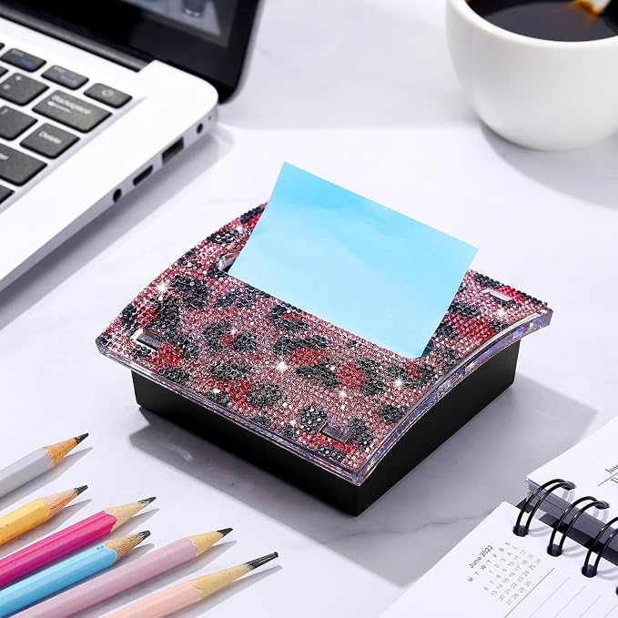 Barydat Rhinestone Self Stick Note Dispenser 4 x 4 Inches Pop up Note Pad Holders with Leopard Print Top Sticky Memo Holder for Office Home Classroom Desk Supplies