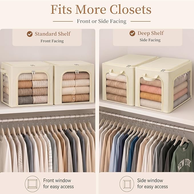 GoMaihe 3 Opening Clothes Storage Bins with Metal Frame, 40L Sweater Storage Organizer for Upper Shelf Closet Storage Boxes with Clear Window for Hoodies Jeans Towel 6-Pack Beige