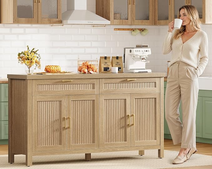 usikey 63" Buffet Cabinet with Storage, 2 Adjustable Shelves and 2 Drawers | Large Sideboard Cabinet, Modern Fluted Coffee Bar for Kitchen, Living Room, Natural